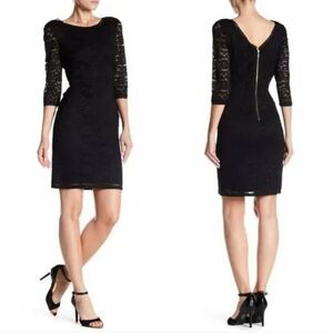 Eliza J Black  Lace Mini Dress Size 4 Sheath Boatneck 3/4 Sleeve